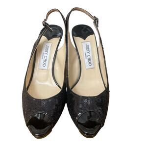 Jimmy Choo Authentic Black Sequin Slingback Heels Sz 37 (7)